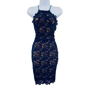 Nightcap Clothing Lace Bodycon Dress Womens 1 Navy Blue Halter Backless